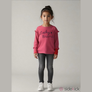 Lucky Brand Sweatshirt Ruffle Pink‎ Black Embroidered Girl's Size Large Cute